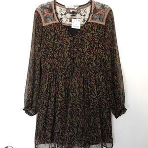 Zara Long Sleeve Button Dress W/Sheer Collar NWOT